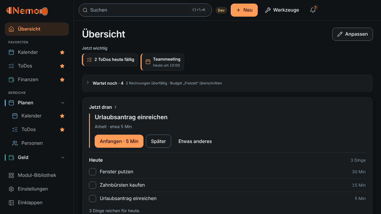Nemo-Übersicht mit erfundenen Beispieldaten: Seitenleiste mit Modulen, Karten für heutige Termine, Aufgaben, Kontostand und fällige Rechnungen
